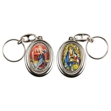 Porte-clés H. 4,5 cm pivotant en métal couleur argentée double résine, plusieurs saints..