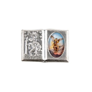 Plaque auto forme livre H. 2,5 x 3,7 cm en metal de saint Christophe avec resine des saints..