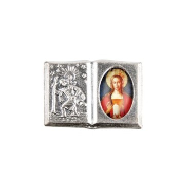 Plaque auto forme livre H. 2,5 x 3,7 cm en metal de saint Christophe avec resine des saints..