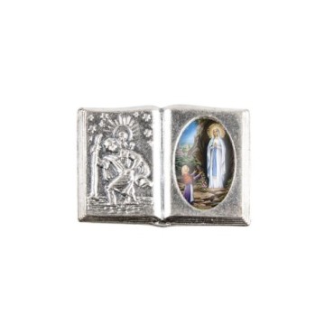 Plaque auto forme livre H. 2,5 x 3,7 cm en metal de saint Christophe avec resine des saints..