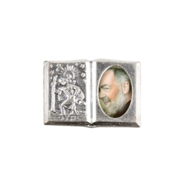 Plaque auto forme livre H. 2,5 x 3,7 cm en metal de saint Christophe avec resine des saints..