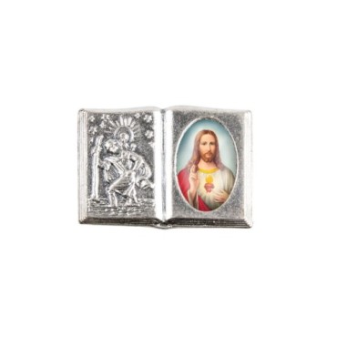 Plaque auto forme livre H. 2,5 x 3,7 cm en metal de saint Christophe avec resine des saints..
