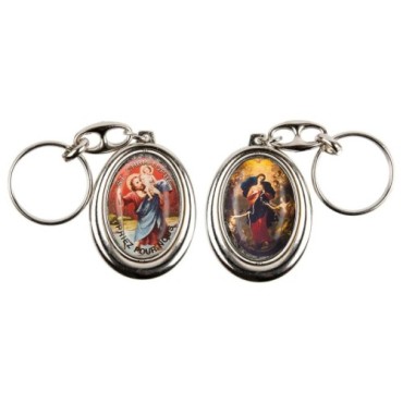 Porte-clés H. 4,5 cm pivotant en métal couleur argentée double résine, plusieurs saints..