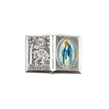 Plaque auto forme livre H. 2,5 x 3,7 cm en metal de saint Christophe avec resine des saints..