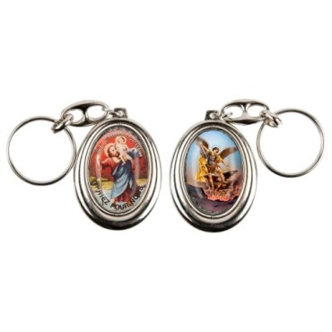 Porte-clés H. 4,5 cm pivotant en métal couleur argentée double résine, plusieurs saints..
