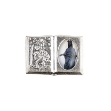 Plaque auto forme livre H. 2,5 x 3,7 cm en metal de saint Christophe avec resine des saints..