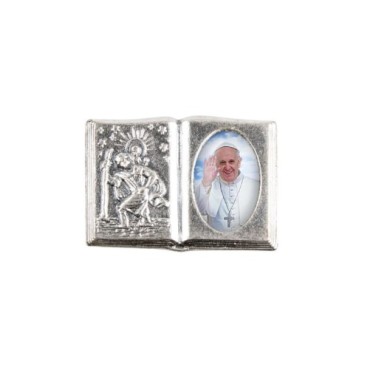 Plaque auto forme livre H. 2,5 x 3,7 cm en metal de saint Christophe avec resine des saints..