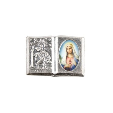 Plaque auto forme livre H. 2,5 x 3,7 cm en metal de saint Christophe avec resine des saints..