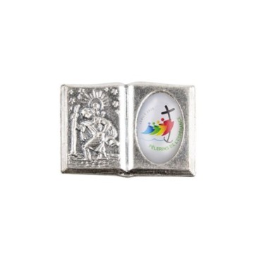 Plaque auto forme livre H. 2,5 x 3,7 cm en metal de saint Christophe avec resine des saints..