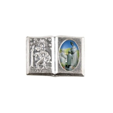 Plaque auto forme livre H. 2,5 x 3,7 cm en metal de saint Christophe avec resine des saints..