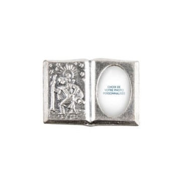 Plaque auto forme livre H. 2,5 x 3,7 cm en metal de saint Christophe avec resine des saints..
