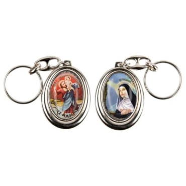 Porte-clés H. 4,5 cm pivotant en métal couleur argentée double résine, plusieurs saints..