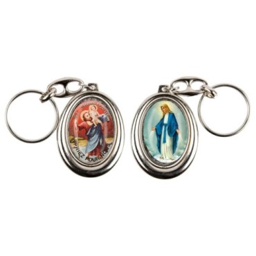 Porte-clés H. 4,5 cm pivotant en métal couleur argentée double résine, plusieurs saints..
