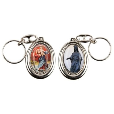 Porte-clés H. 4,5 cm pivotant en métal couleur argentée double résine, plusieurs saints..