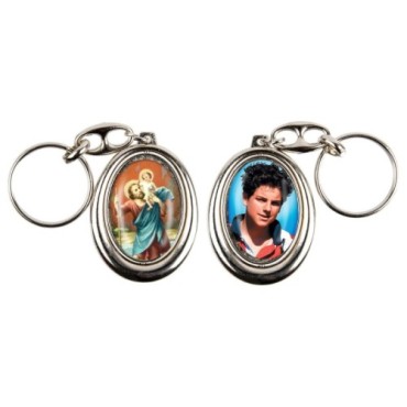 Porte-clés H. 4,5 cm pivotant en métal couleur argentée double résine, plusieurs saints..