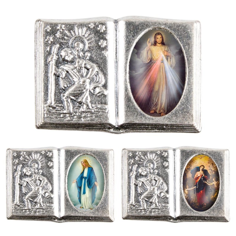Plaque auto forme livre H. 2,5 x 3,7 cm en metal de saint Christophe avec resine des saints..