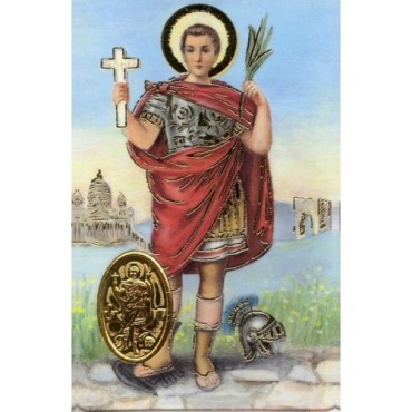 Carte priere plastifiee avec poincon dore imitation medaille H.8.5 x 5.4 cm, plusieurs saints.