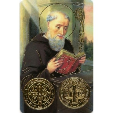 Carte priere plastifiee avec poincon dore imitation medaille H.8.5 x 5.4 cm, plusieurs saints.