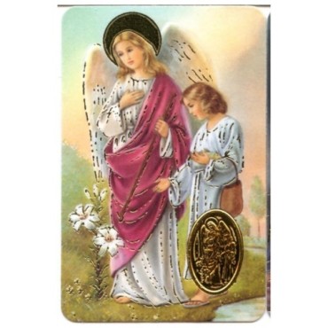 Carte priere plastifiee avec poincon dore imitation medaille H.8.5 x 5.4 cm, plusieurs saints.