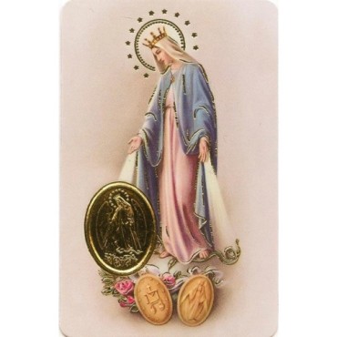 Carte priere plastifiee avec poincon dore imitation medaille H.8.5 x 5.4 cm, plusieurs saints.