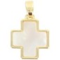 Croix de cou carrée en nacre sur support métal couleur dorée H. 1,6 cm..