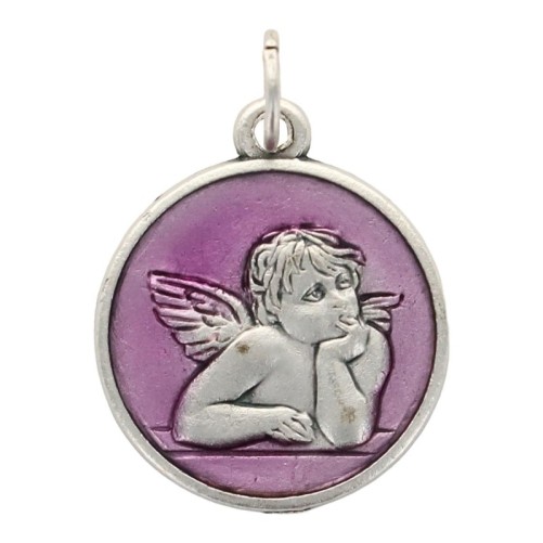 Médaille en métal argenté de l’Ange Raphaël, Ø 1,8 cm, émaillée.