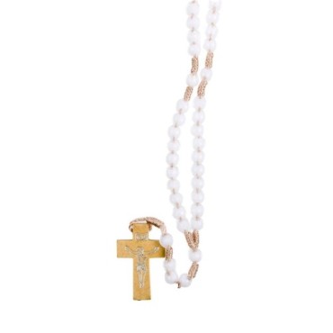 Chapelet sur corde, grains translucides 8 mm, croix en bois avec Christ imprimé, 22 cm au cœur. Plusieurs couleurs..