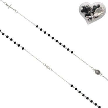 Collier chaine couleur argentée L. 50 cm avec croix et médaille V.Miraculeuse, grains semi cristal Ø 3 mm, livre boite.