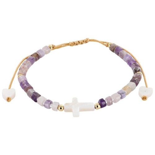 Bracelet sur corde réglable grains de forme cylindrique avec croix et coeur en coquille naturelle.