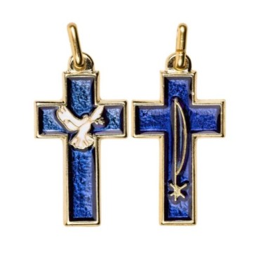 Croix de cou double face Colombe / PAX, en métal doré, émaillée 2 couleurs – Hauteur 3,5 cm