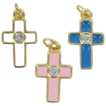 Croix de cou en metal couleur doree emaille avec centre pierres OZ H. 1,5 cm..