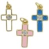 Croix de cou en metal couleur doree emaille avec centre pierres OZ H. 1,5 cm..