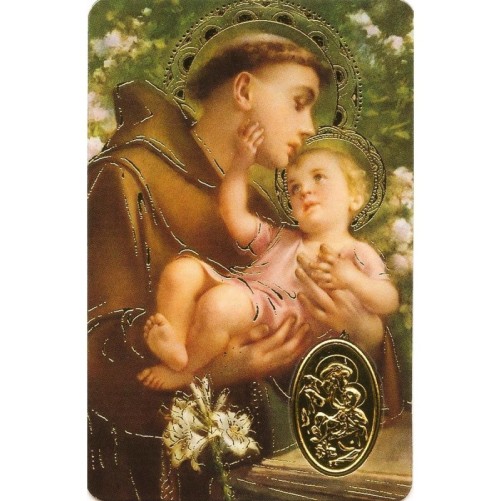 Carte priere plastifiee avec poincon dore imitation medaille H.8.5 x 5.4 cm, plusieurs saints.