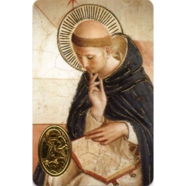 Carte priere plastifiee avec poincon dore imitation medaille H.8.5 x 5.4 cm, plusieurs saints.