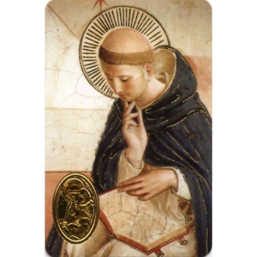 Carte priere plastifiee avec poincon dore imitation medaille H.8.5 x 5.4 cm, plusieurs saints.