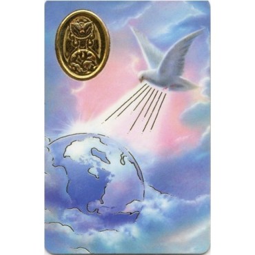 Carte priere plastifiee avec poincon dore imitation medaille H.8.5 x 5.4 cm, plusieurs saints.
