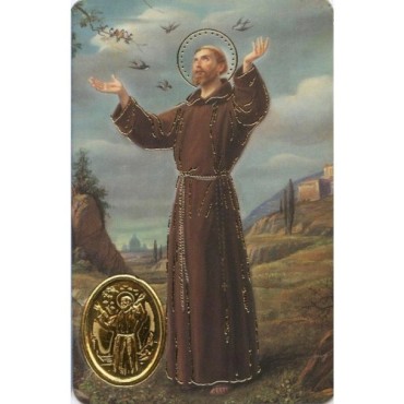 Carte priere plastifiee avec poincon dore imitation medaille H.8.5 x 5.4 cm, plusieurs saints.