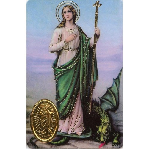 Carte priere plastifiee avec poincon dore imitation medaille H.8.5 x 5.4 cm, plusieurs saints.