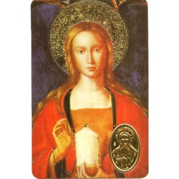 Carte priere plastifiee avec poincon dore imitation medaille H.8.5 x 5.4 cm, plusieurs saints.