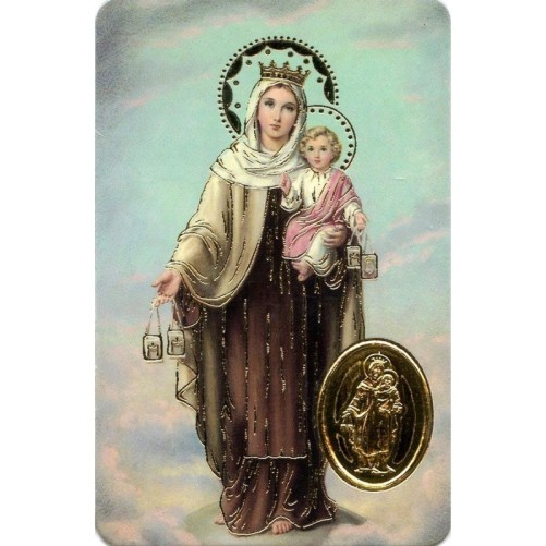 Carte priere plastifiee avec poincon dore imitation medaille H.8.5 x 5.4 cm, plusieurs saints.