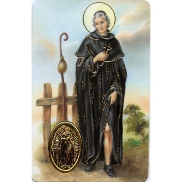Carte priere plastifiee avec poincon dore imitation medaille H.8.5 x 5.4 cm, plusieurs saints.