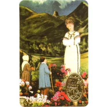 Carte priere plastifiee avec poincon dore imitation medaille H.8.5 x 5.4 cm, plusieurs saints.