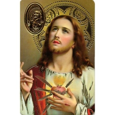 Carte priere plastifiee avec poincon dore imitation medaille H.8.5 x 5.4 cm, plusieurs saints.