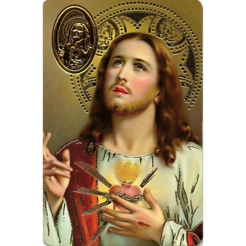 Carte priere plastifiee avec poincon dore imitation medaille H.8.5 x 5.4 cm, plusieurs saints.