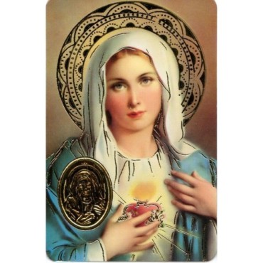 Carte priere plastifiee avec poincon dore imitation medaille H.8.5 x 5.4 cm, plusieurs saints.