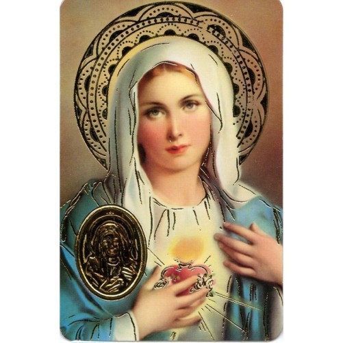 Carte priere plastifiee avec poincon dore imitation medaille H.8.5 x 5.4 cm, plusieurs saints.