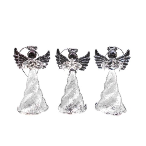 Ange en verre avec ailes argentées. Hauteur 7 cm. Lot de 3 modèles assortis, livrés en boîte .