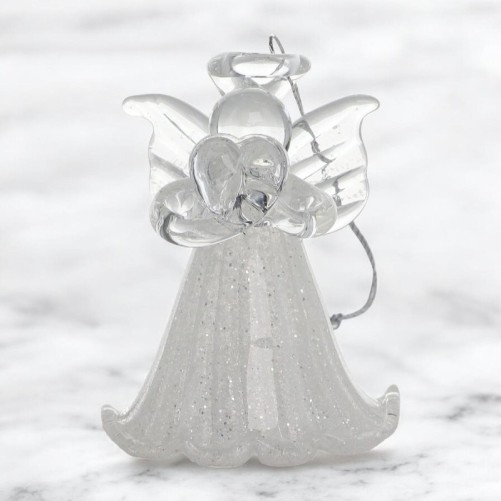 Ange en verre robe sablee avec coeur couleur H. 4,5 cm, SERIE DE 6 ANGES ASSORTIS.