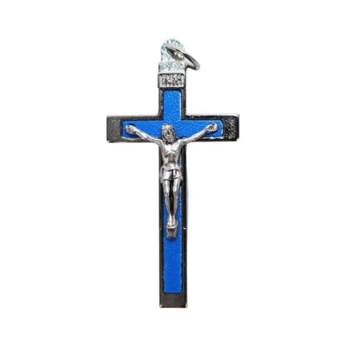 Croix de cou en métal argenté, émaillée avec Christ, H. 4,5 cm.