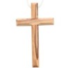 Croix d'aube en bois d'olivier de Terre Sainte bords biseautés 10 cm avec cordon blanc 60 cm..